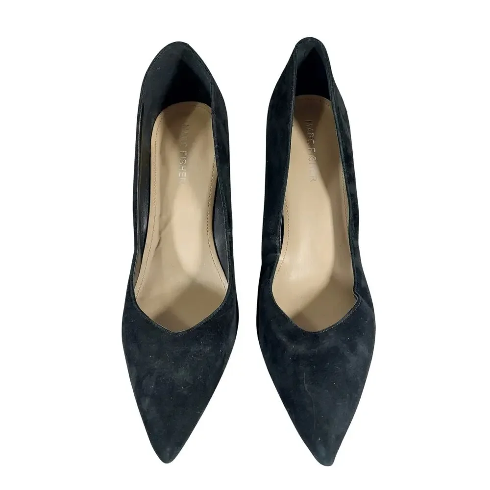 MARC FISHER! BLACK GENUINE SUEDE LEATHER CHUNKY HEEL POINTY TOE PUMPS, HEELS! 9M